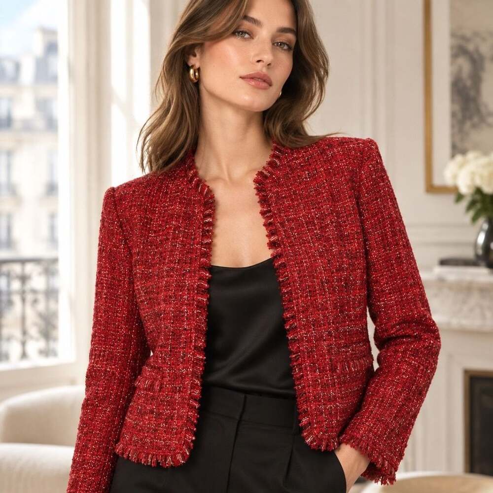 Chico's Tweed Jacket Size 1 U.S. 8 Red, Metallic Gold Fringe Open Front Cardigan